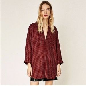 Zara oversized red and black checked tunic blouse